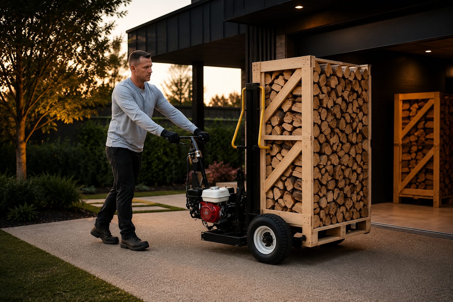 Black Stag delivery: a full Stack being wheeled into a modern home's garage